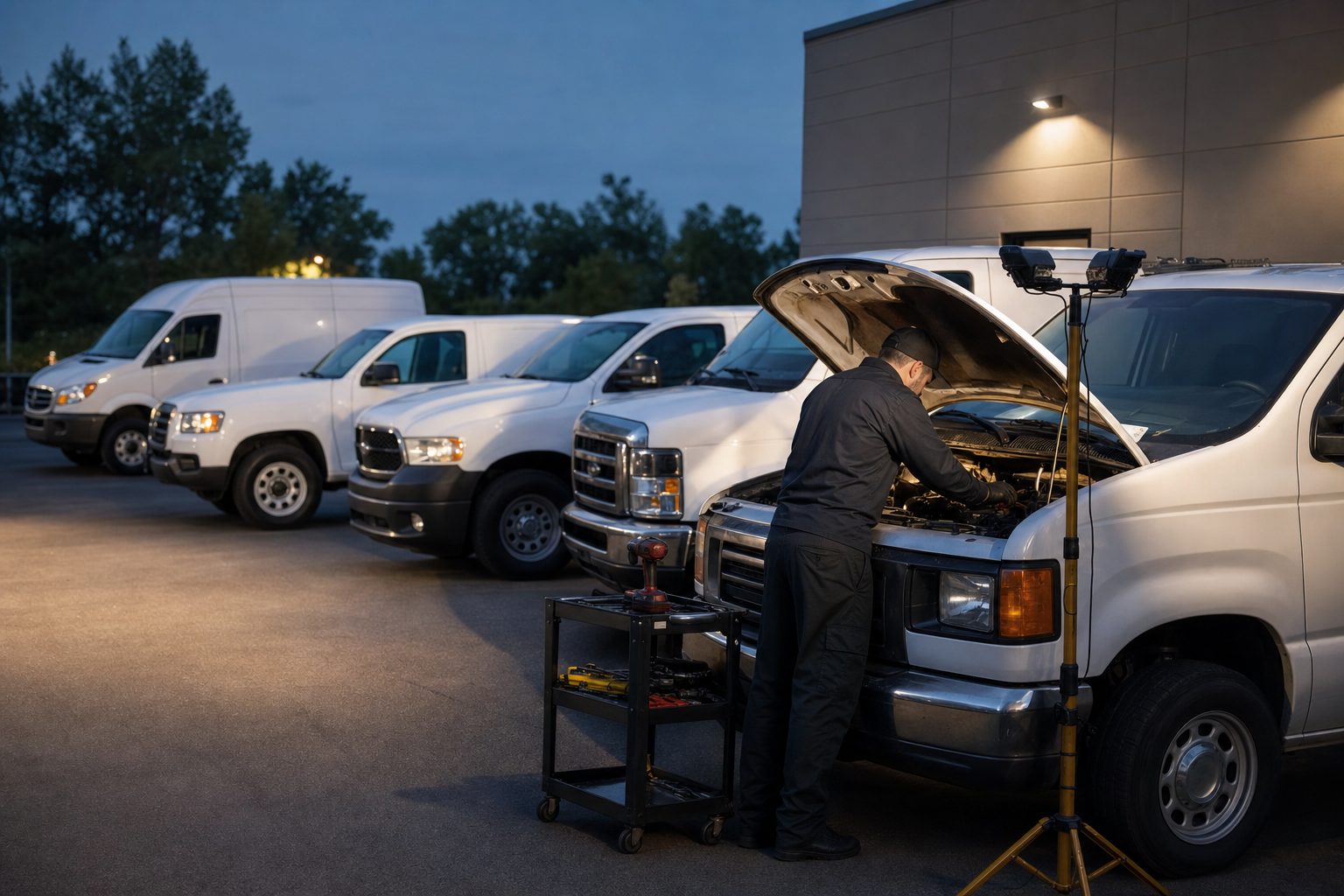 Mobile mechanic servicing a row of work vans and trucks after business hours