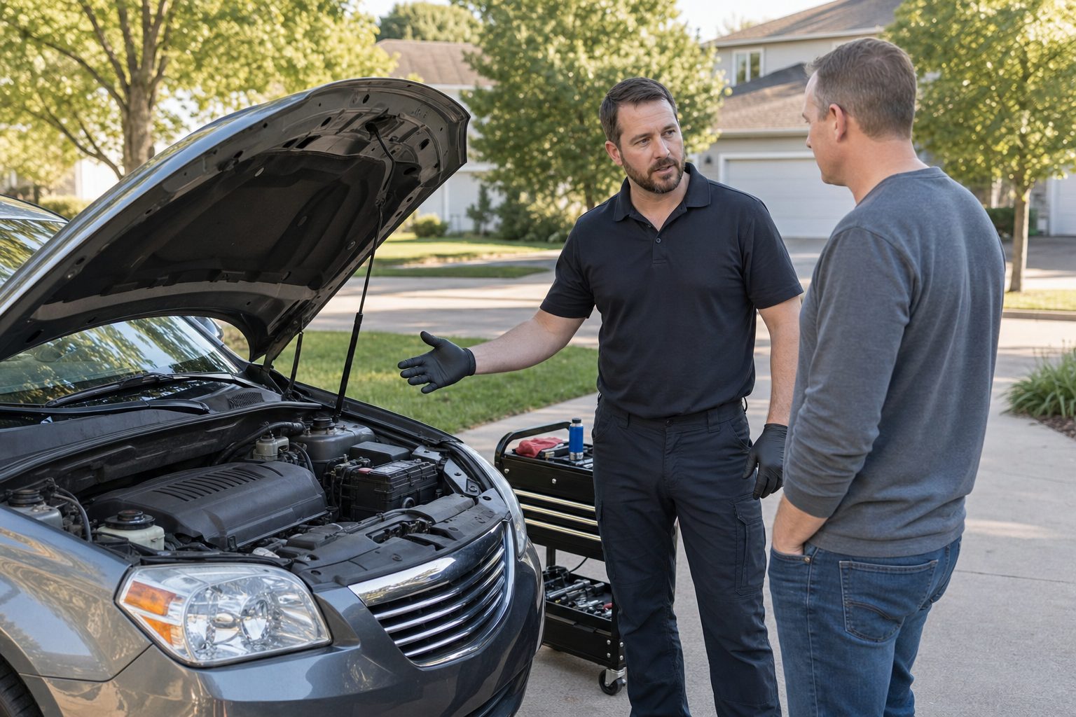 Mobile mechanic explaining completed engine work directly to a vehicle owner