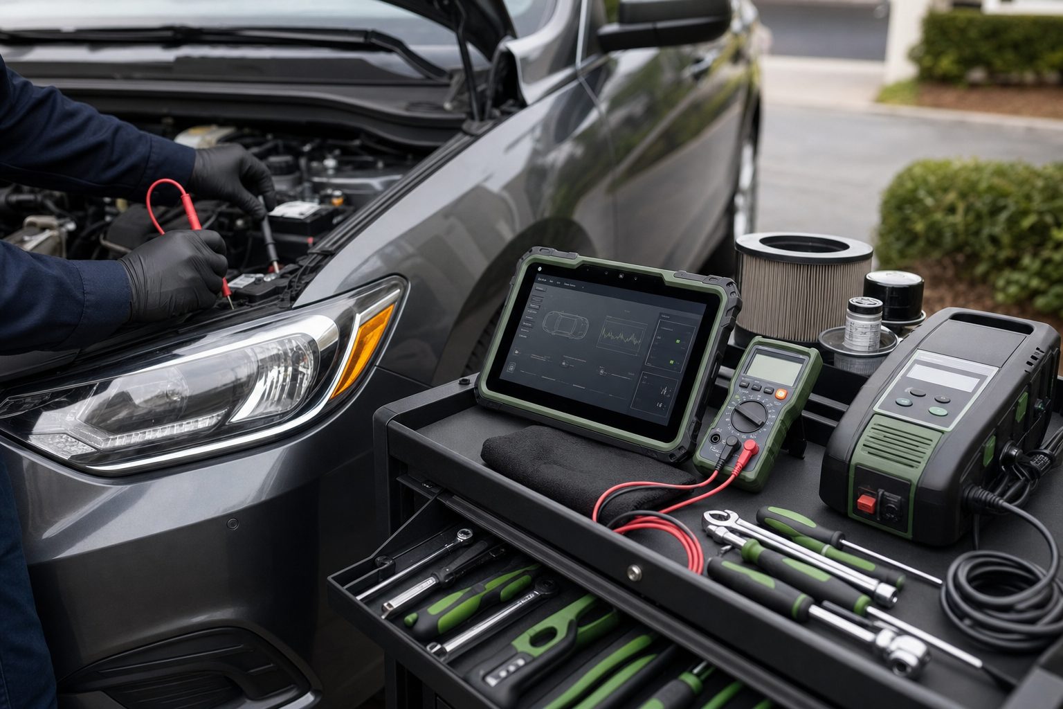 Organized mobile diagnostic tools and testing equipment beside a vehicle